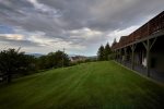 Gently sloping grassy yard